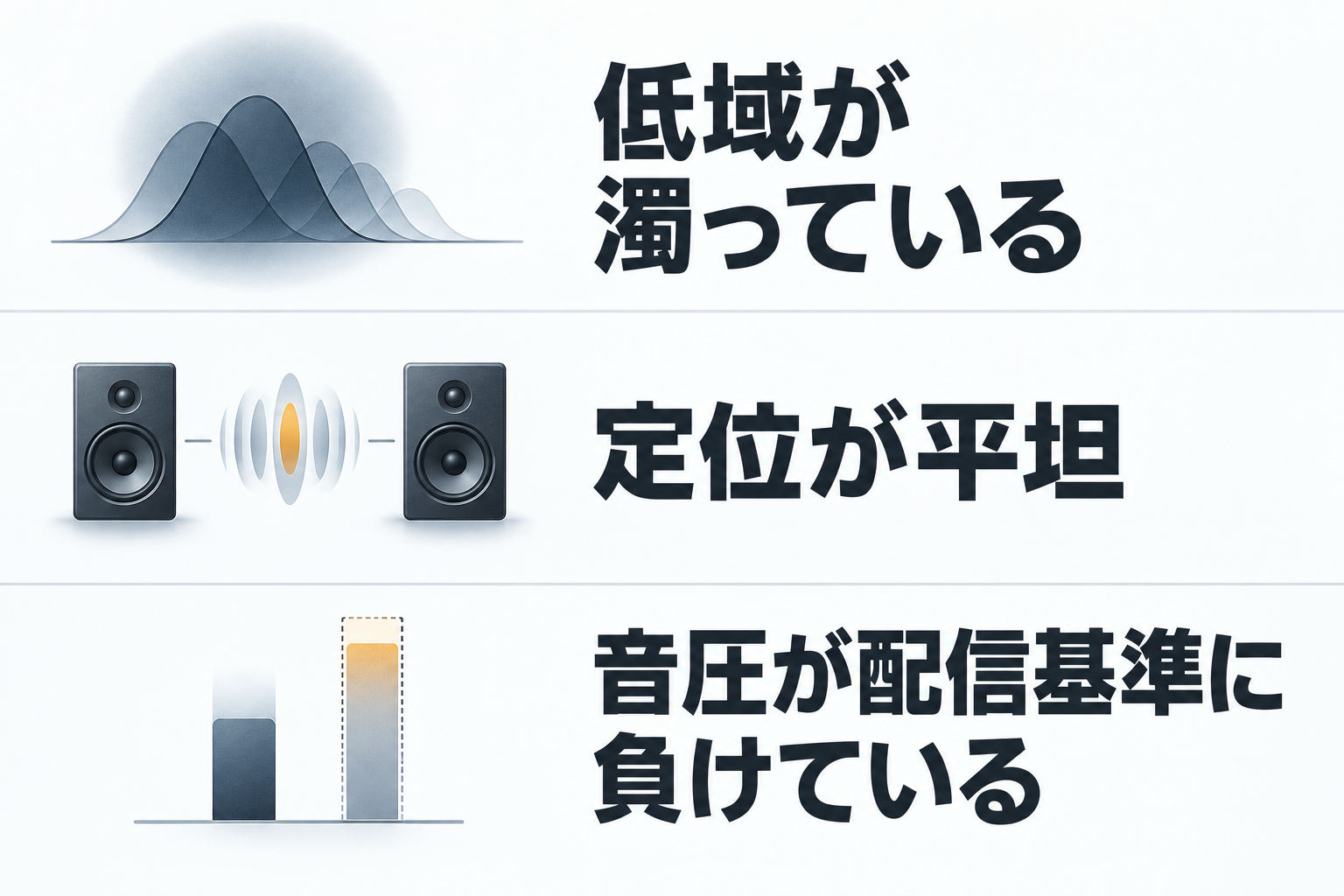低域が濁っている／定位が平坦／音圧が配信基準に負けている